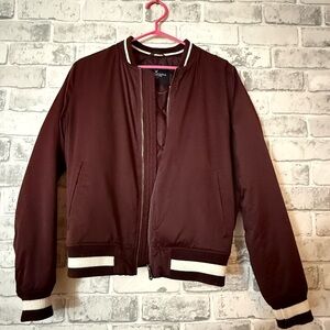 American Eagle Outfitters Men's Burgundy Bomber Jacket with Cream Trim